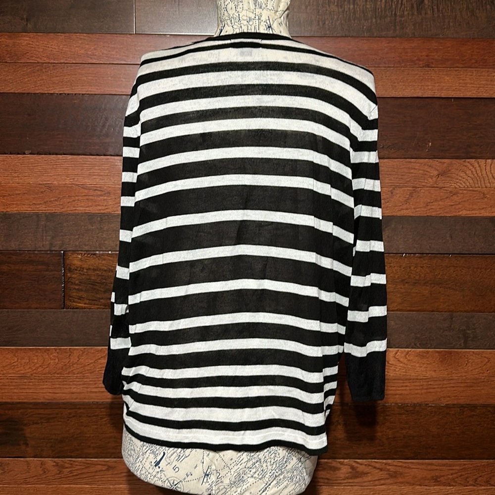 Worthington Open Front 3/4 Sleeve Black and White Striped Cardigan Sweater - Picture 8 of 10